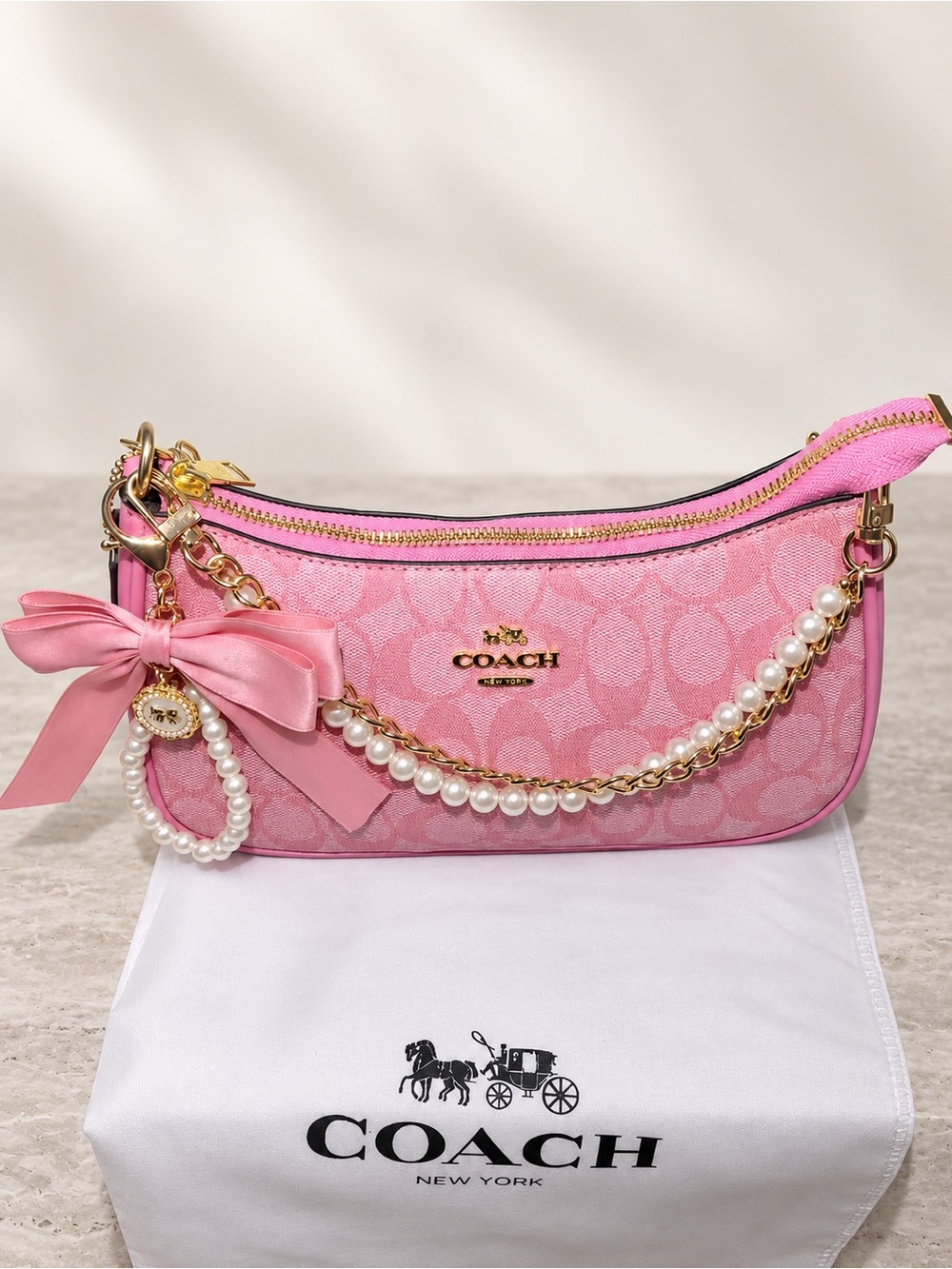 Pink Teri Signature Canvas Shoulder Bag with Pearl Chain & Bow Charm